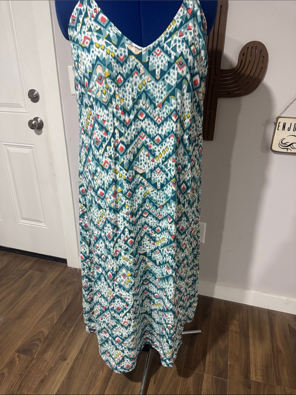 Old Navy Teal Tribal Print Maxi Dress with White, Yellow, Pink Accents